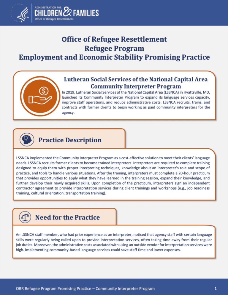 Office of Refugee Resettlement Refugee Program Employment and Economic Stability – Community Interpreter Program